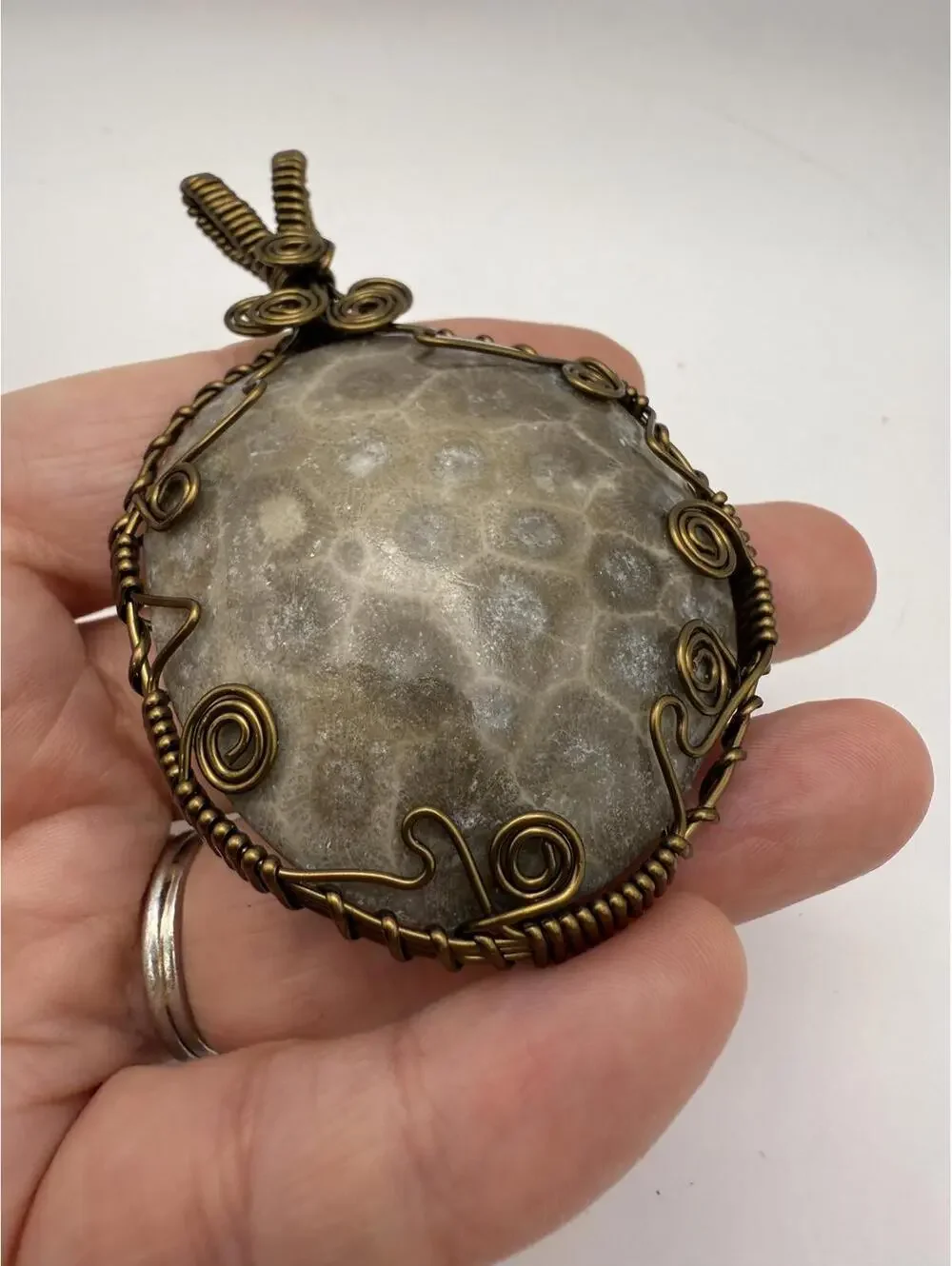 Large Handcrafted Wire Wrapped Petoskey Stone Pendant Amulet